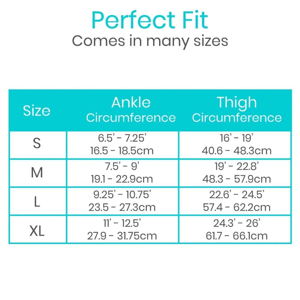Size chart for ankle and thigh circumference with 'Perfect Fit' text on a white background