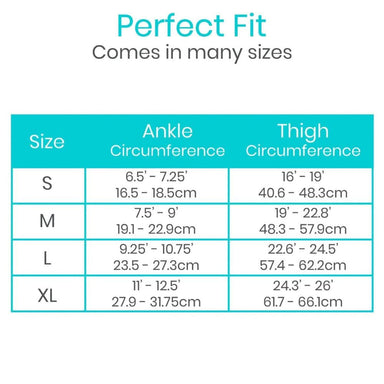 Size chart for ankle and thigh circumference with 'Perfect Fit' text on a white background