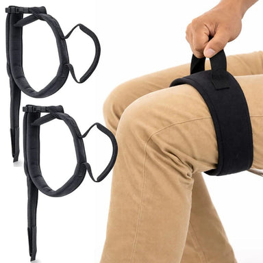 Black knee strap being worn on a person's knee with additional straps displayed separately.