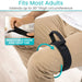 Black strap with a removable hook and loop tab being worn by a person, with text indicating it fits most adults and extends up to 30" thigh circumference.