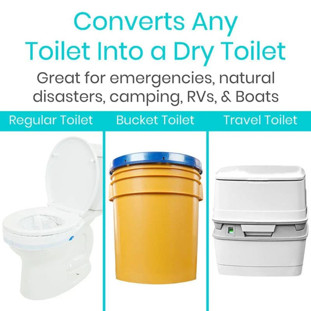 Product advertisement showing a regular toilet, bucket, and travel toilet with text indicating conversion capabilities.