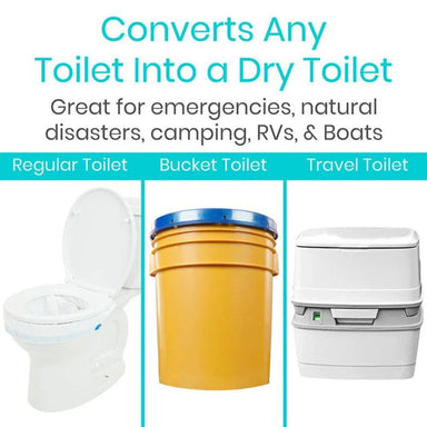 Product advertisement showing a regular toilet, bucket, and travel toilet with text indicating conversion capabilities.