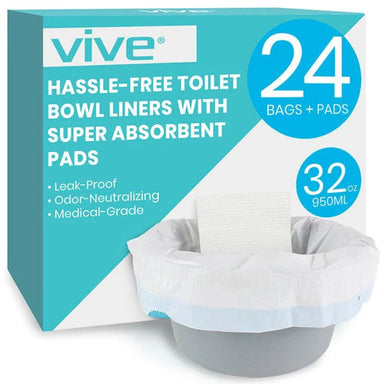 Vive hassle-free toilet bowl liners packaging with text and images on a white background