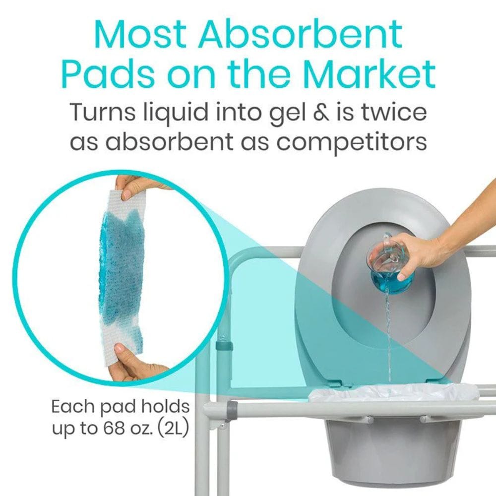 Product advertisement for absorbent pads with text highlighting their absorbency and features.
