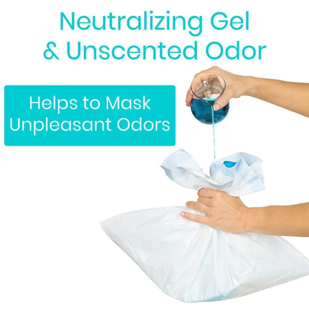 Person pouring blue gel into a white pillow with text about odor neutralization.