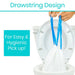 Drawstring design for easy and hygienic pick-up with a hand holding a blue drawstring over a white trash bag.