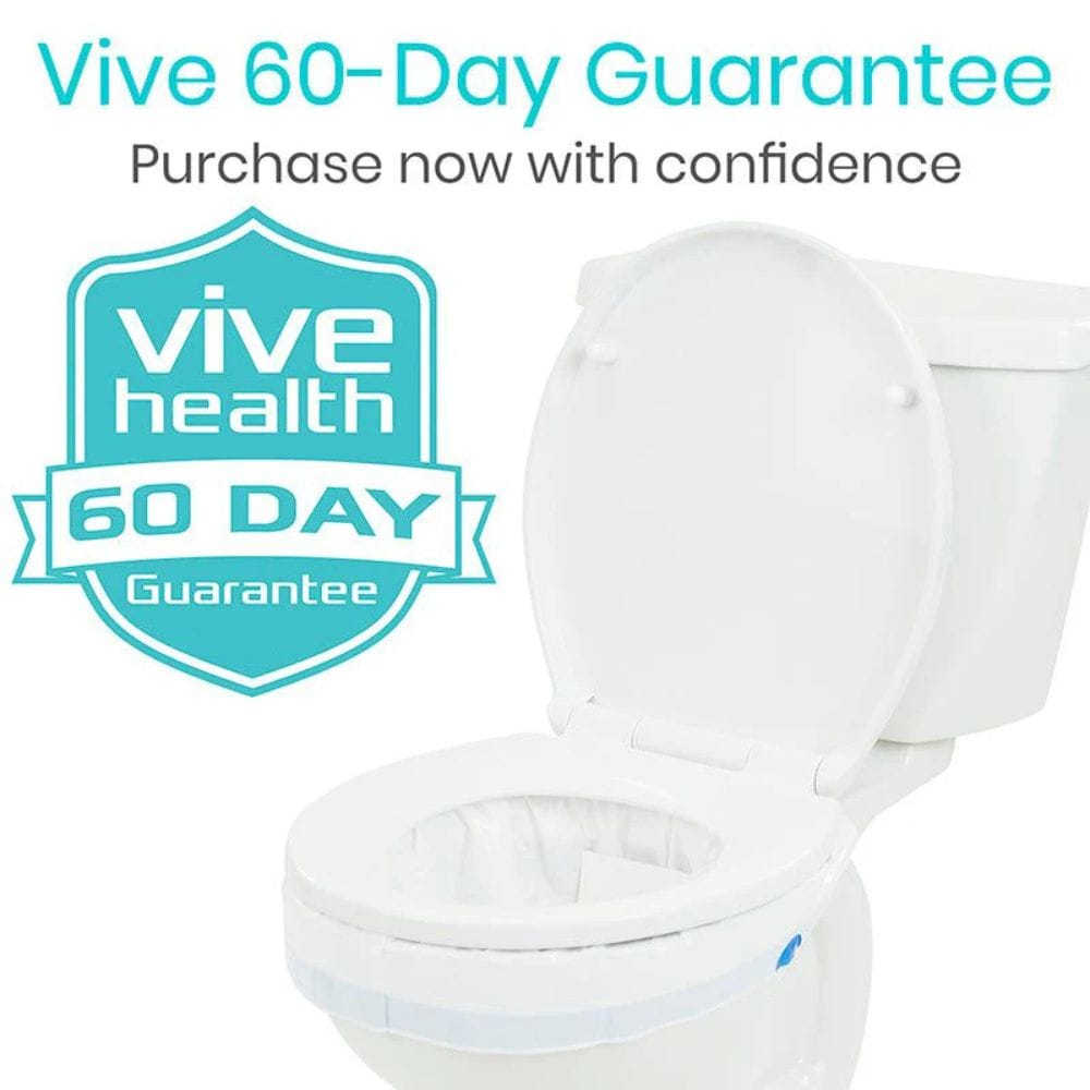 White toilet with open lid and seat, featuring Vive Health 60-day guarantee badge on a white background.