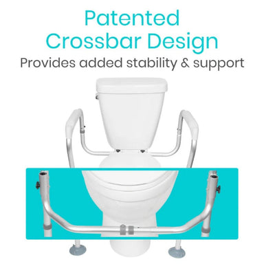 Toilet safety frame with patented crossbar design on a white background