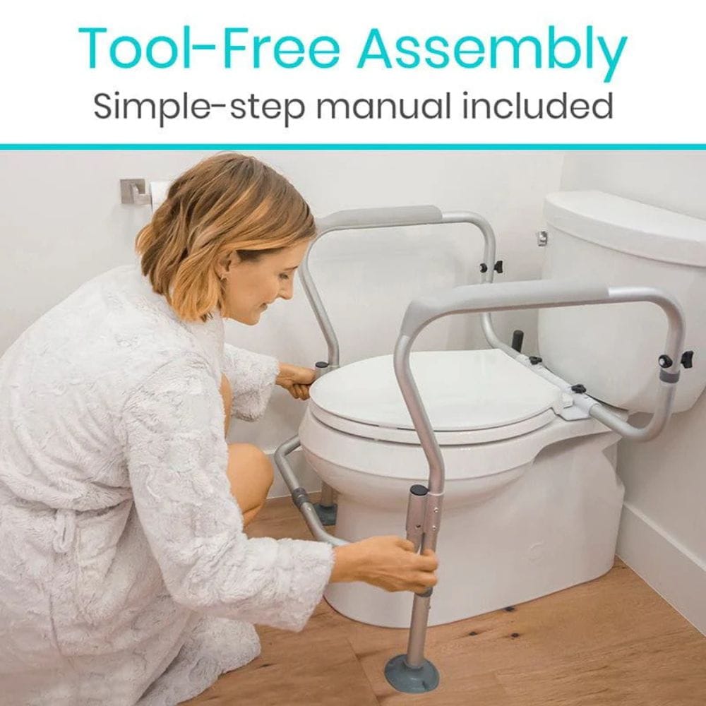 Woman installing a toilet seat raiser with text about tool-free assembly and a simple-step manual.