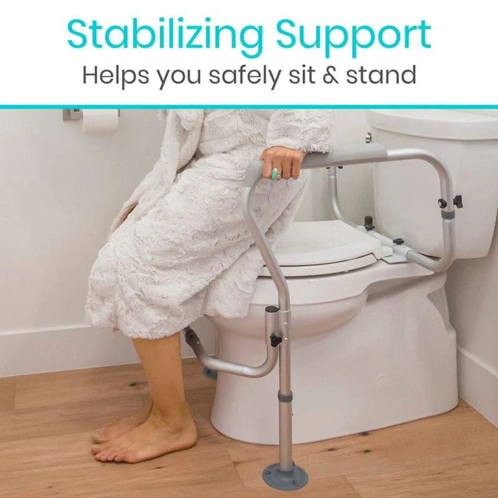 Person using a toilet safety rail with text 'Stabilizing Support Helps you safely sit & stand' on a white background.