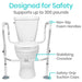 Toilet safety frame with features highlighted on a white background