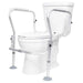White toilet with a metal safety frame on a white background