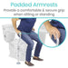 Person using a toilet safety rail with text highlighting padded armrests.