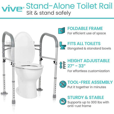 Vive stand-alone toilet rail with features listed on a white background