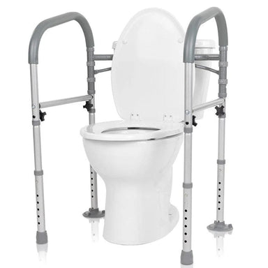 White toilet with a silver adjustable safety frame on a white background