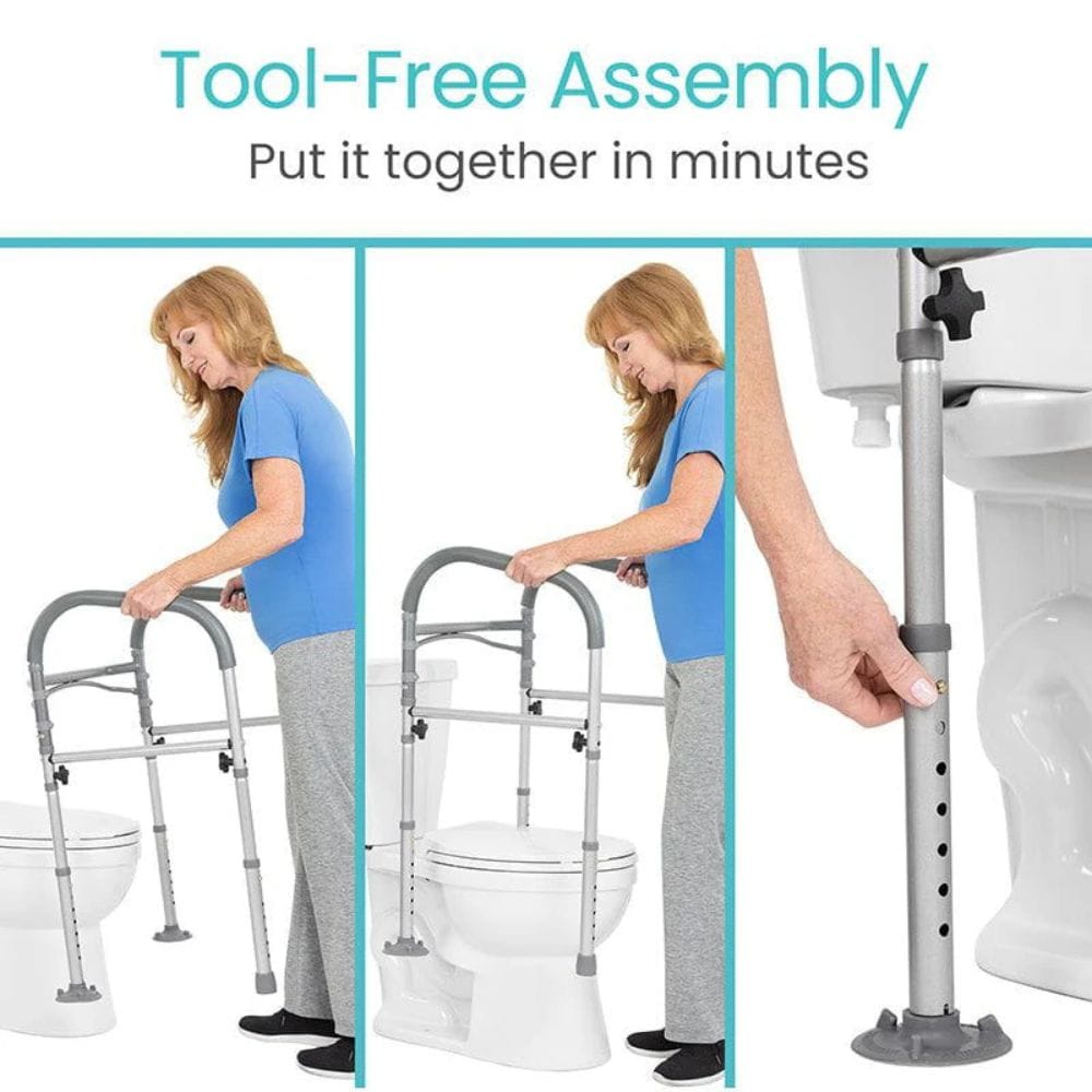 Woman using a tool-free assembly walker next to a toilet with text 'Tool-Free Assembly Put it together in minutes'.