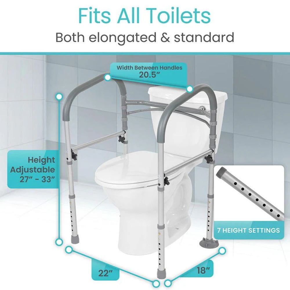 Toilet safety frame with adjustable height features on a white background
