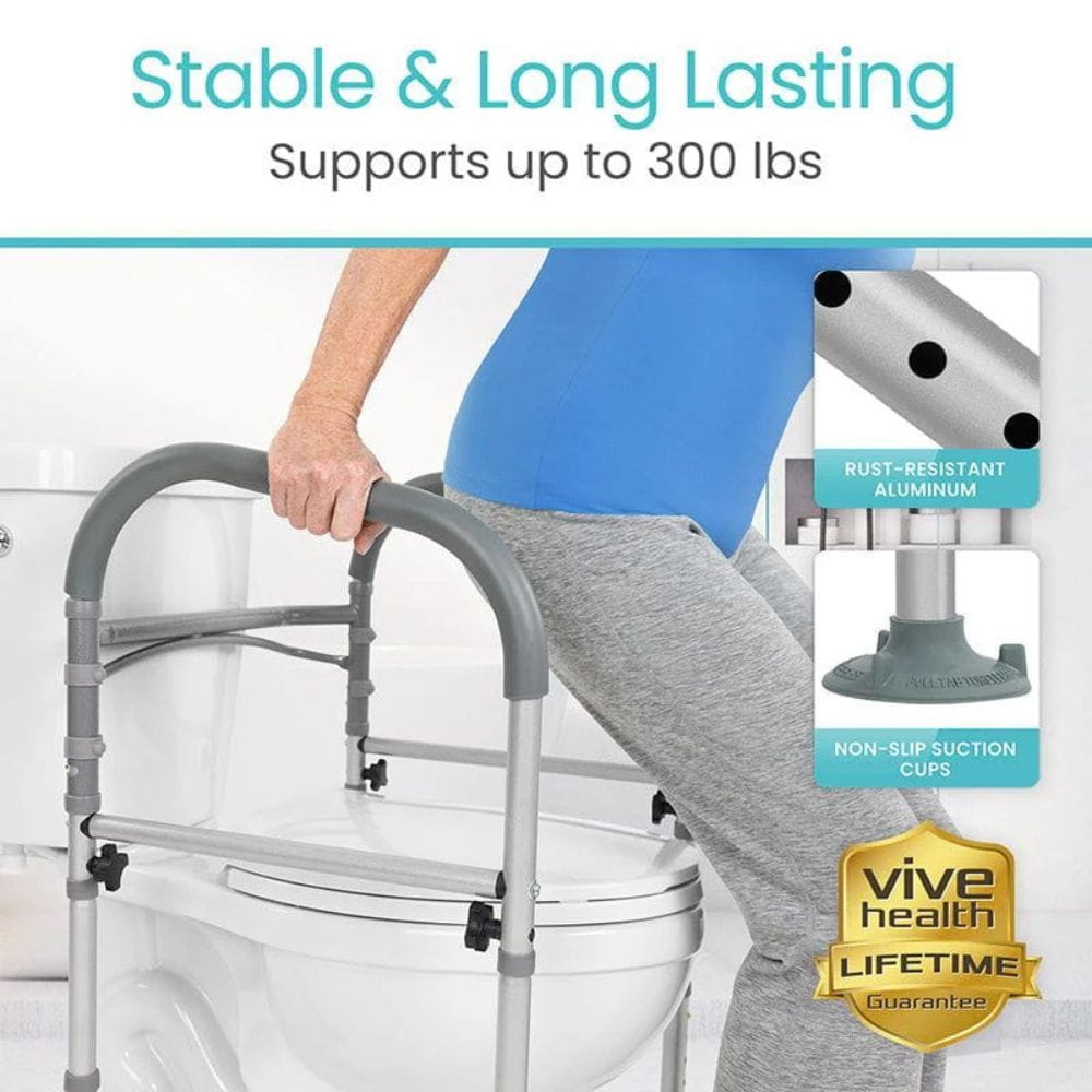 Toilet safety frame with text highlighting stability and weight capacity, featuring Vive Health logo.
