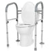 White toilet with a silver adjustable safety frame on a white background
