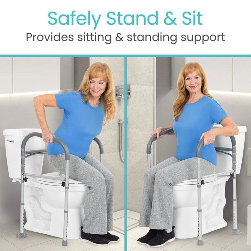 Woman using a toilet safety seat with support bars in a bathroom setting.