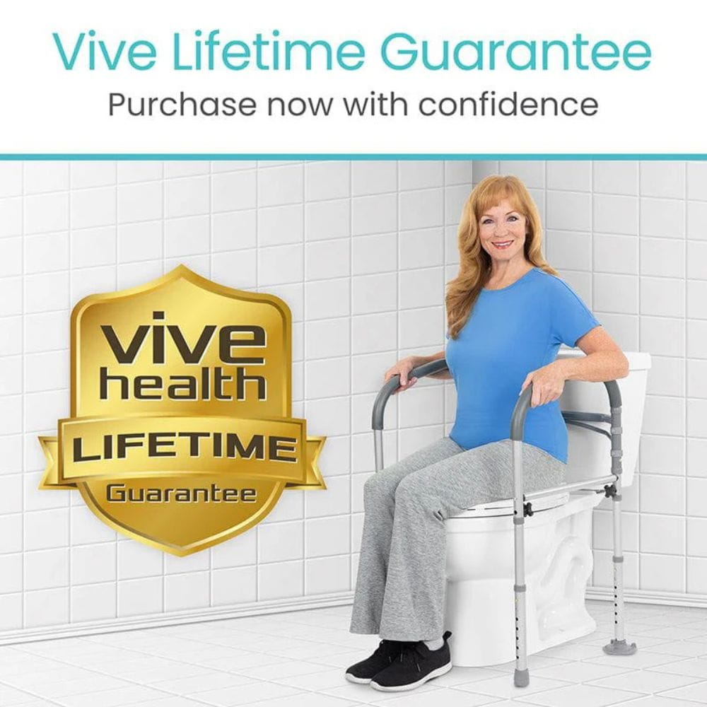 Woman using a Vive Health product with a lifetime guarantee badge on a tiled bathroom background.