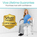 Woman using a Vive Health product with a lifetime guarantee badge on a tiled bathroom background.