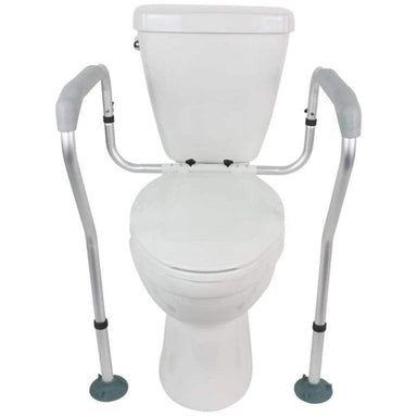 Toilet safety frame with grab bars on a white background