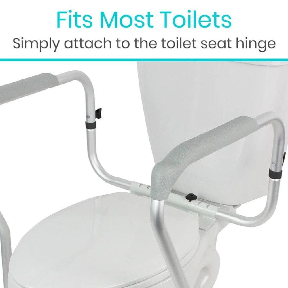 Toilet safety rail attached to a white toilet with text indicating compatibility and installation method.