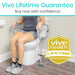 Person using a Vive toilet safety seat with a lifetime guarantee badge.