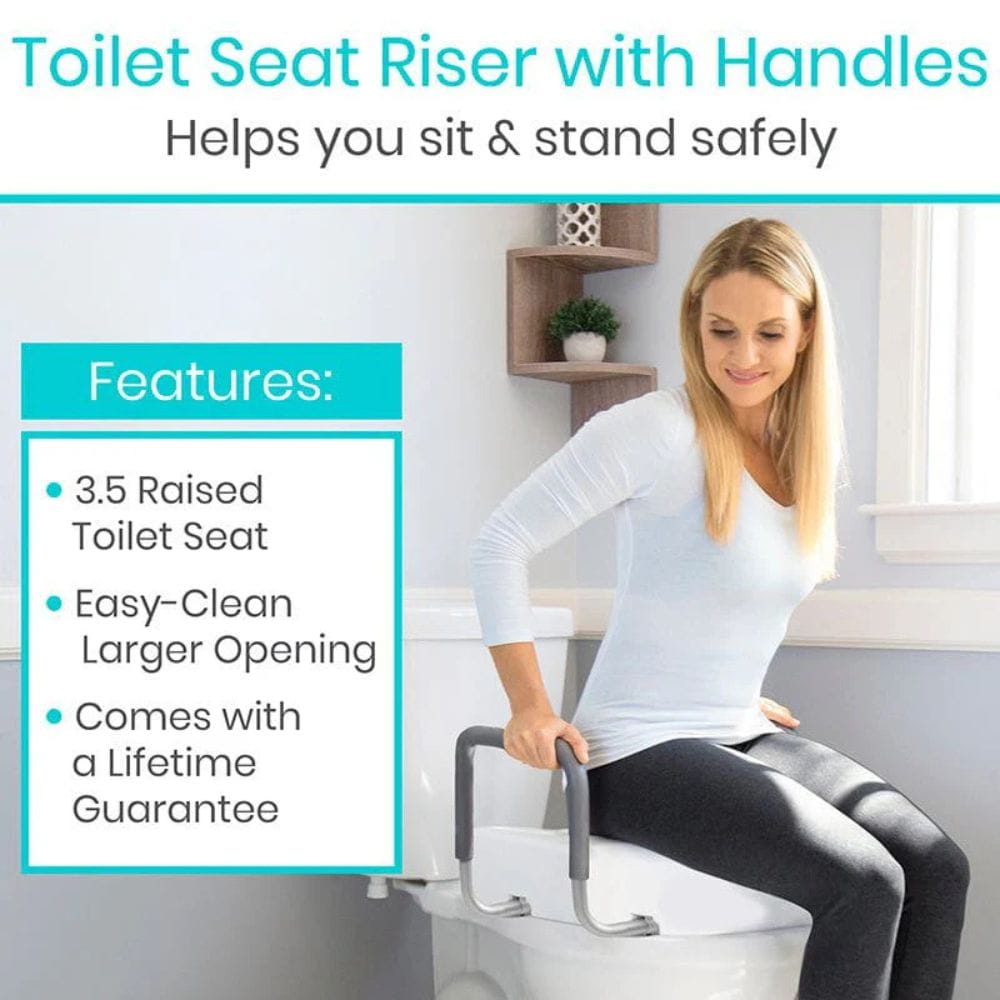 Woman using a toilet seat riser with handles in a bathroom setting