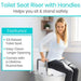 Woman using a toilet seat riser with handles in a bathroom setting