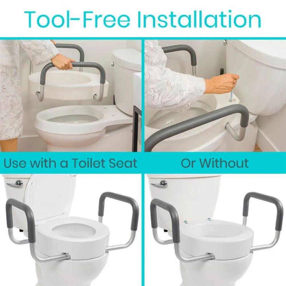Collage of a toilet safety handle being installed on a toilet with text indicating tool-free installation.