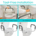 Collage of a toilet safety handle being installed on a toilet with text indicating tool-free installation.