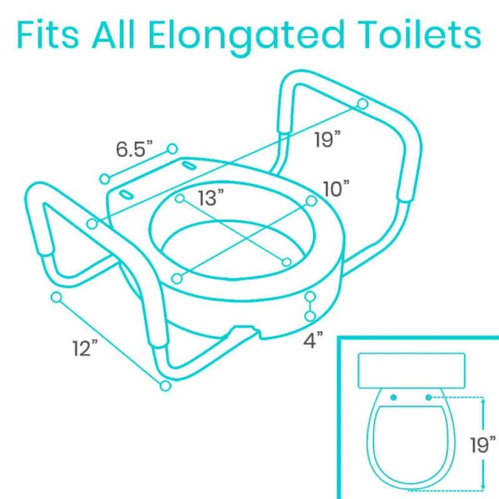 Diagram of a toilet seat with dimensions labeled on a white background