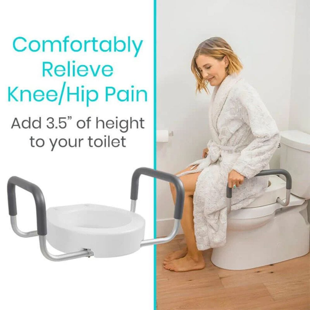 Toilet seat raiser with text on knee/hip pain relief and height increase, woman using it.