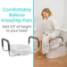 Toilet seat raiser with text on knee/hip pain relief and height increase, woman using it.