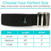 Black belt with silver buckle and size chart on a white background