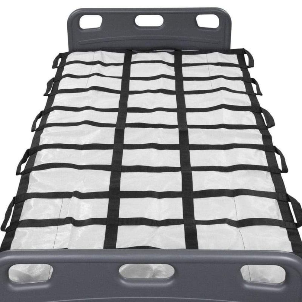 Grid-like mat with black straps on a white background