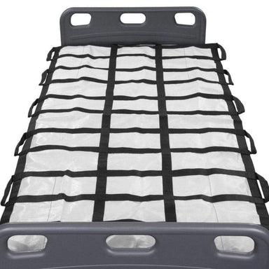 Grid-like mat with black straps on a white background