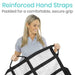 Woman holding a white bag with black straps, emphasizing reinforced hand straps.