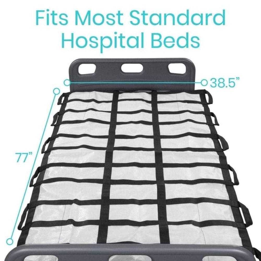 Hospital bed mattress with measurement details on a white background
