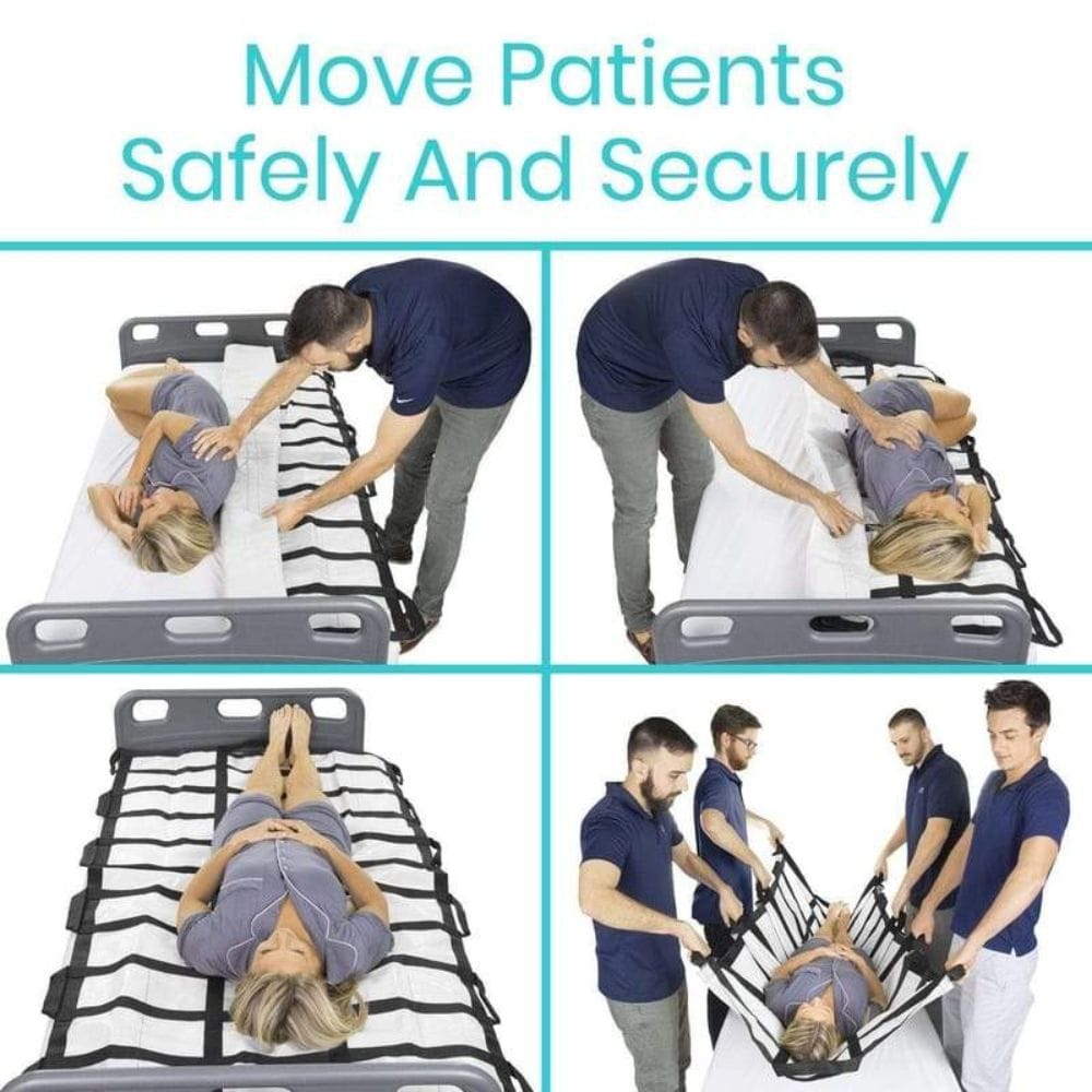 Collage of images showing a patient being moved safely and securely using a medical device.