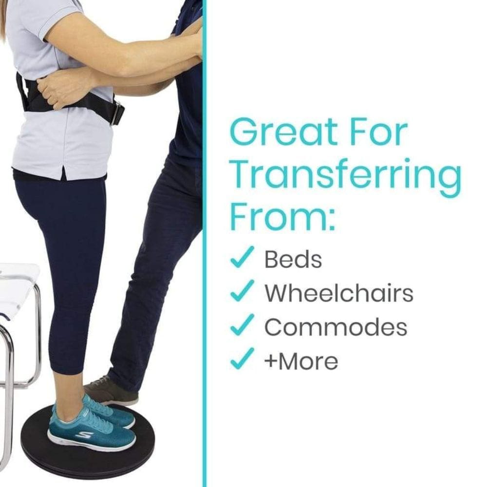 Person using a transfer board with text indicating its use for transferring from beds, wheelchairs, and commodes.