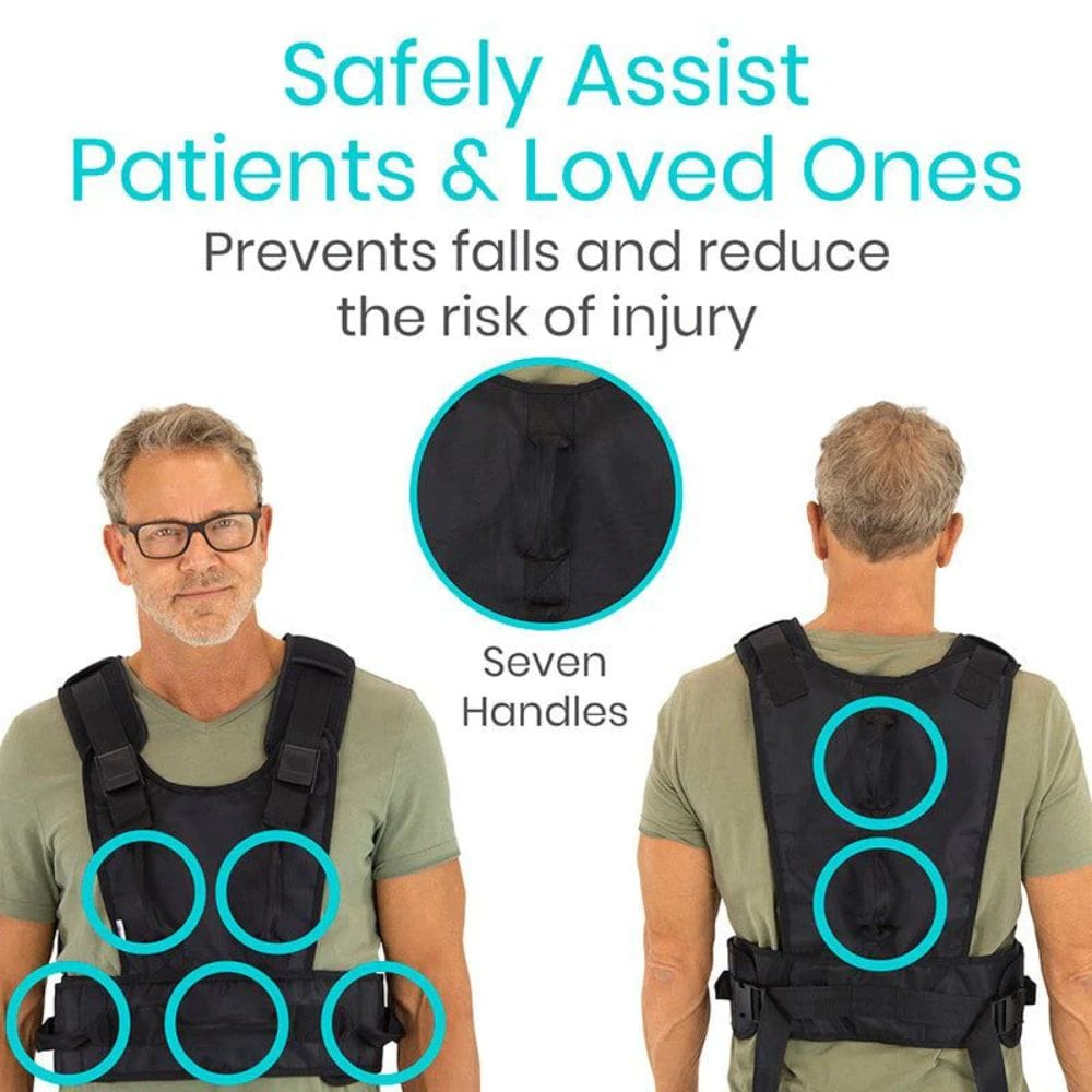 Person wearing a safety assistive device with text highlighting its benefits on a white background
