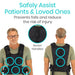 Person wearing a safety assistive device with text highlighting its benefits on a white background