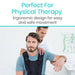 Person wearing an ergonomic back brace with text about physical therapy and safe movement.