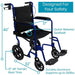 Blue and black wheelchair with safety features highlighted, including dimensions and materials.