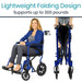 Blue wheelchair and walker with text about weight capacity on a white background