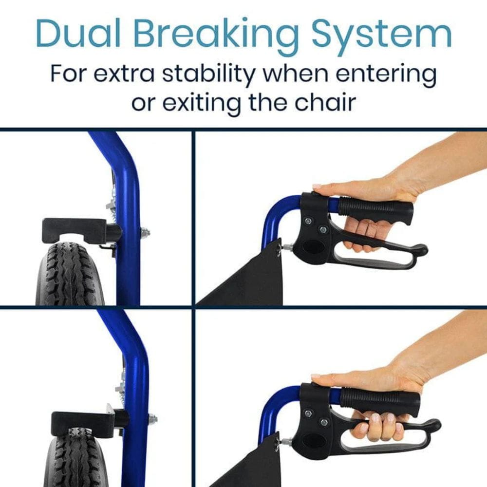 Dual breaking system for extra stability when entering or exiting a chair, with close-up shots of hands using the handle.