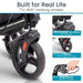 Stroller wheel with 360-degree rotation feature and text highlighting features on a white background.